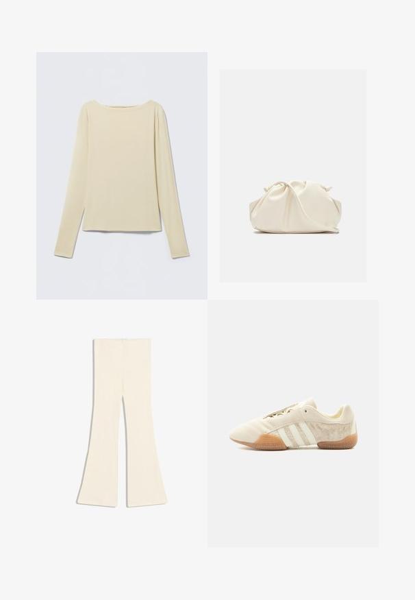 Haut beige à manches longues et cintré avec un col bateau, présenté à plat sur un fond clair.; Pantalon en maille côtelée couleur crème avec design de jambes évasées, présenté à plat sur un fond blanc.; Baskets beige profil bas avec trois bandes blanches, panneaux latéraux en suède texturé, semelle en gomme et fermeture à lacets sur fond uni.; Pochette en cuir souple couleur crème avec un design froncé et une fine bandoulière reposant à l’avant sur un fond uni.