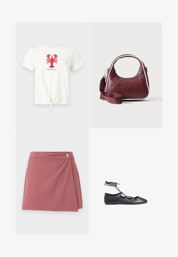 Wit T-shirt met korte mouwen, vooraan een knoop, rode pailletten kreeft graphic en de tekst "Feelin' Claw-some!" onder de kreeft.; Korte wikkelrok in stoffig rozenrood met een klein zilveren knoopje vlakbij de tailleband op een effen lichte achtergrond.; Zwarte leren ballet flats met een spitse neus, uitsparingen en dunne veters die rond de enkel wikkelen; gladde textuur.; Donkerrode geweven leren handtas met gebogen handvat, witte bies, zilveren rits en afneembare brede stoffen schouderriem tegen een effen achtergrond.