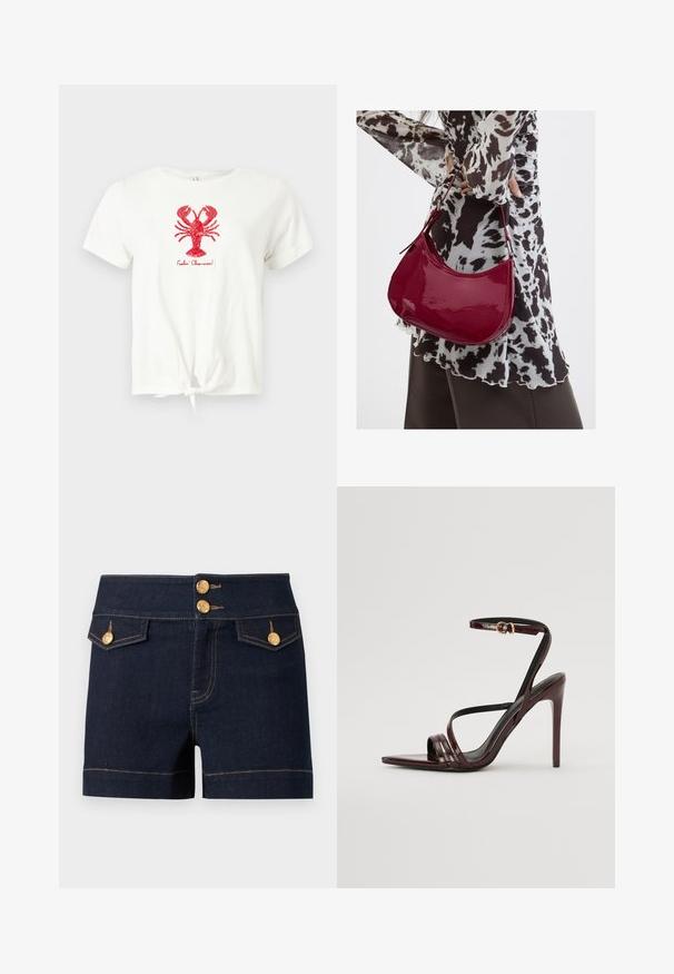 Hvid kortærmet T-shirt med knude foran, rød palietteret hummelgrafik og teksten "Feelin' Claw-some!" under hummelen.; Mørkeblådenimshorts med høj talje, to frontlommer med klap og guldbelagte dekorative knapper på linning og lommer.; Bordeaux laker læder højhælede sandal med ankelrem, spids tå og tre vandrette remme over foden. Detalje med spænde i guldtonet.; Kvinde iført en sort- og hvidmønstret bluse, der holder en blank rød skuldertaske mod en ensfarvet baggrund.