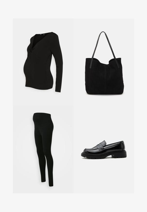 Vero Moda Maternity VMMHEVI - Top s dlhým rukávom - black; Čierne tehotenské legíny s vysokým, oporným pásom, hladkou textúrou, priliehavým strihom a bez viditeľných vzorov alebo ozdôb.; Čierny lesklý kožený mokasín s hrubou podrážkou a penny remienkom, zobrazený z profilu na bielom pozadí.; Čierna semišová taška cez rameno s dvomi dlhými, plochými koženými popruhmi. Obsahuje zakrivený horný okraj a viditeľné stehy po prednej strane. Bez kovových akcentov.