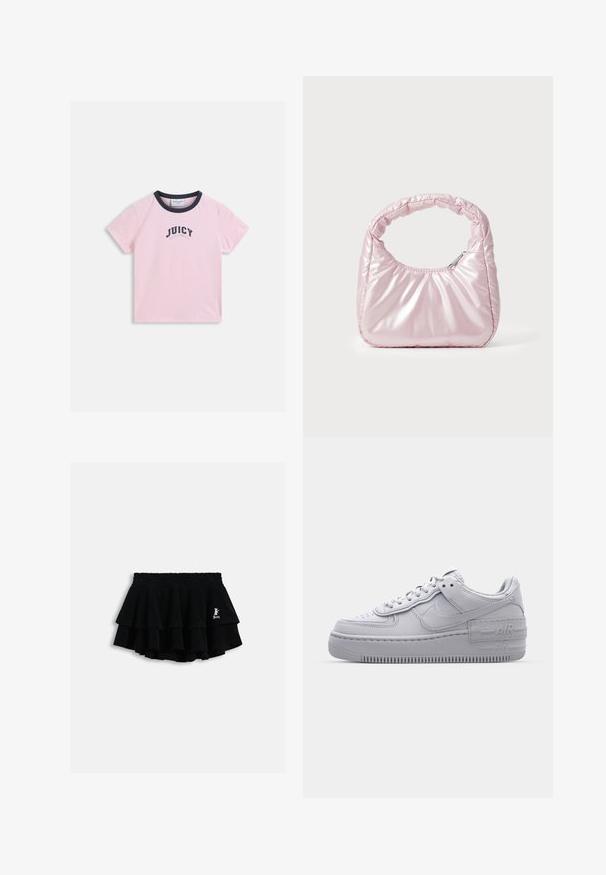 T-shirt rose clair à manches courtes avec un col noir et le texte "JUICY EST LOS ANGELES" imprimé au centre à l'avant.; Mini-jupe noire à volants avec taille élastique et petit logo blanc sur le côté droit, présentée sur un fond clair uni.; Basket en cuir lisse gris Nike Air Force 1 avec un bout perforé, une semelle épaisse et un détail 'AIR' en relief sur le talon.; Sac à main rose rembourré avec un design arrondi, fabriqué à partir d'un matériau brillant. Dispose d'une poignée froncée et d'une fermeture éclair pour un accès sécurisé.