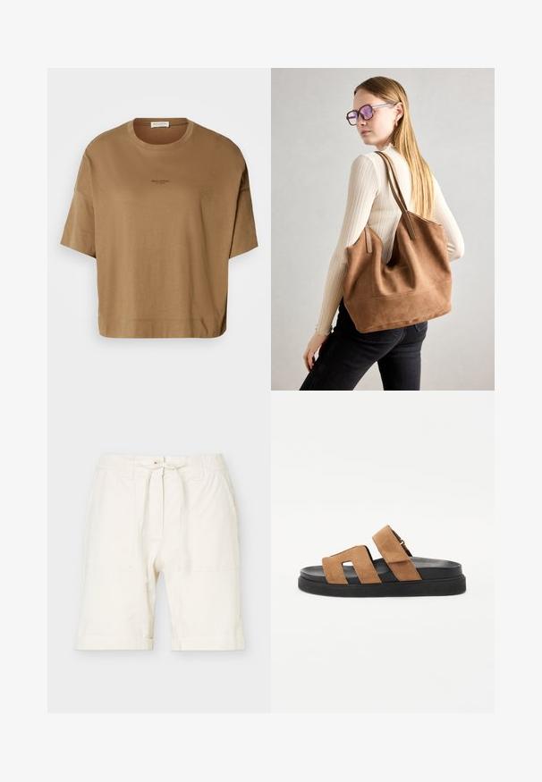 T-shirt brun surdimensionné avec des manches courtes, un col rond et des détails de logo discrets en noir. Tissu doux avec une texture lisse.; Shorts mi-longs blanc cassé avec taille élastique, cordon de serrage, poches avant et coupe décontractée en tissu léger.; Sandales à glissière en suède marron avec deux larges bretelles, une semelle en caoutchouc noir et un design lisse et plat. Caractéristiques minimalistes et orteils ouverts.; Sac fourre-tout en daim marron avec une texture douce, grande ouverture et longues sangles. Présente un design simple avec des coutures visibles et sans matériel.