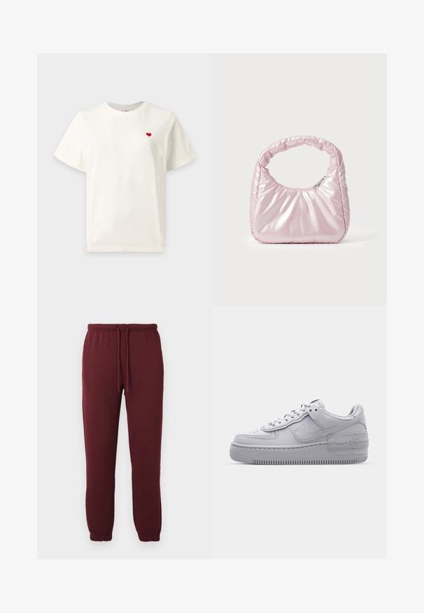 Eenvoudig wit T-shirt met korte mouwen met een klein rood hartje geborduurd op de linkerborst.; Bordeaux joggerbroeken met elastische tailleband, trekkoord, zijzakken en elastische boorden op een effen witte achtergrond.; Grijze Nike Air Force 1 sneaker met geperforeerde neus, glad leren bovenwerk, dikke zool en verhoogde 'AIR' details op de hiel.; Roze, gevoerde handtas met een afgeronde vorm, gemaakt van glanzend materiaal. Beschikt over een geplooide handgreep en een ritssluiting voor veilige toegang.