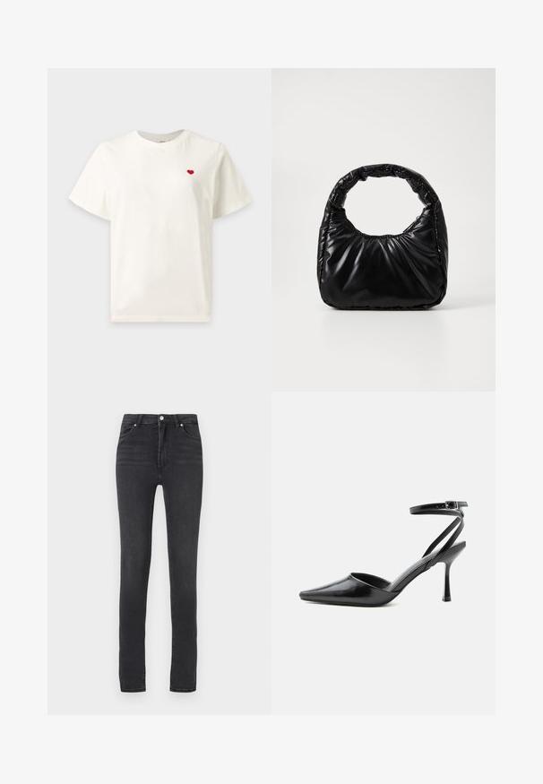 Eenvoudig wit T-shirt met korte mouwen met een klein rood hartje geborduurd op de linkerborst.; Zwarte skinny jeans met hoge taille, gemaakt van stretchdenim, met riemlussen, minimaal stiksels en een klassiek vijf-pocket ontwerp.; Zwarte pumps met puntige neus, dunne enkelbandjes en een zilveren gesp op een effen lichte achtergrond.; Zwarte gevoerde handtas met een ronde handgreep, met een gladde, glanzende oppervlakte en een zachte, gewatteerde textuur. Geen zichtbare metalen onderdelen of accenten.