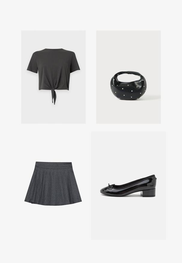 T-shirt court gris foncé à manches courtes avec un col rond et un nœud noué à l'avant sur l'ourlet.; Jupe patineuse grise à rayures générales avec une taille ajustée, en forme évasée A et texture de tissu douce. Les lignes verticales renforcent l'intérêt visuel.; Ballerines noires en cuir verni avec un bout rond, un petit talon bloc et un nœud décoratif à l'avant. Surface lisse et doublure rembourrée.; Sac à main en cuir noir de forme arrondie, décoré de clous argentés et équipé d'une poignée courte. Texture lisse et fermeture éclair.