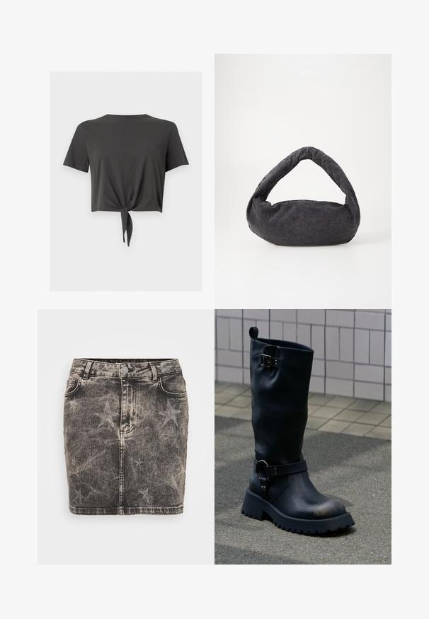 Donkergrijs kort mouw cropped T-shirt met ronde hals en een strik aan de voorkant bij de zoom.; Zwarte denim mini-rok met een vervaagd sterrenpatroon. Heeft een hoge taille, vijf zakken en contrasterende stiksels. Klassieke knoopsluiting.; Zwarte leren midkuitlaars met grove zool, metalen gesp nabij de bovenkant en riem met ringdetail boven de enkel, op een geplaveid oppervlak.; Donkergrijze stoffen tas met een gebogen handvat, zachte textuur en ronde vorm. Geen zichtbare hardware of versieringen.