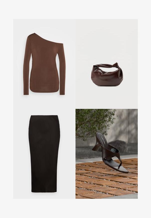 Brun langærmet top med en asymmetrisk halsudskæring, der har et enkelt off-shoulder design og en glat, tætsiddende tekstur.; Sort, knælange blyantskørt lavet af glat stof med elastisk talje, præget af et simpelt, minimalistisk design uden synlig hardware.; Brun Calvin Klein hælet thong sandal svævende over træflise og grus udendørs med sløret grønt og stenmur i baggrunden.; Mørkebrun læder skuldertaske med en blød, afslappet form og et snoet knudehåndtag på en ensartet hvid baggrund.
