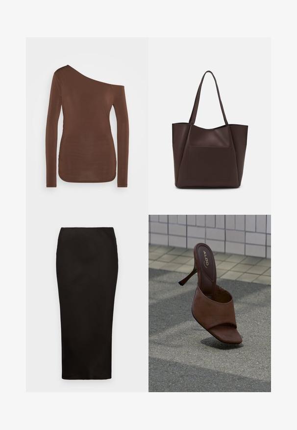 Top marron à manches longues avec un encolure asymétrique, arborant un design à une seule épaule et une texture lisse et ajustée.; Jupe crayon noire, longueur genoux, en tissu lisse avec une taille élastique, présentant un design simple et minimaliste sans matériaux visibles.; Mule marron à talon haut avec bout ouvert et marquage ALDO sur la semelle intérieure, posée sur un pavement texturé près d’un mur carrelé.; Sac fourre-tout brun en matériau lisse, avec une grande poche avant, deux poignées et un design structuré simplifié.