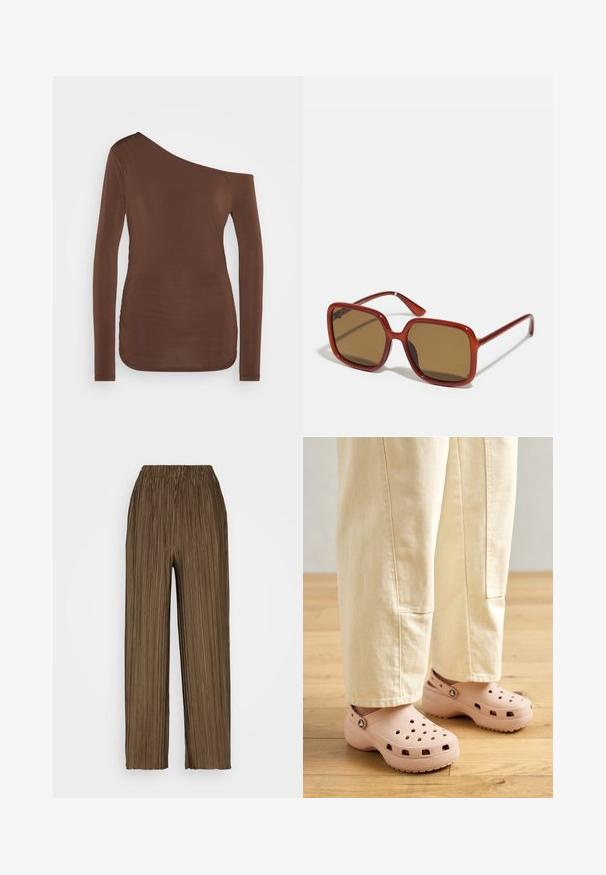 Braun langärmliges Oberteil mit asymmetrischem Ausschnitt, das einseitig schulterfrei designt ist und eine glatte, figurbetonte Textur aufweist.; Samsøe Samsøe UMA TROUSERS - Stoffhose - major brown; Helle rosa Clogs aus Gummi, mit Belüftungslöchern, einer konturierten Form und einer strukturierten Sohle für Halt. Getragen mit hellbeigen Hosen.; Rote quadratische Sonnenbrillen mit braun getönten Gläsern. Dicke, glänzende Rahmen und schlanke Bügel mit kleinen Details an der Seite für visuelles Interesse.