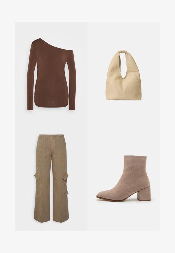 Braun langärmliges Oberteil mit asymmetrischem Ausschnitt, das einseitig schulterfrei designt ist und eine glatte, figurbetonte Textur aufweist.; BDG Urban Outfitters WINTER - Cargohose - khaki; Beige Wildleder-Stiefelette mit spitzer Zehe und chunky quadratischem Absatz. Die Oberfläche ist glatt mit einer sanften Textur und minimaler Verzierung.; Beige Lederhandtasche mit einzigartiger S-Form, weicher Textur und einem geschlungenen Griff. Verfügt über zwei diagonale Taschen auf der Vorderseite.