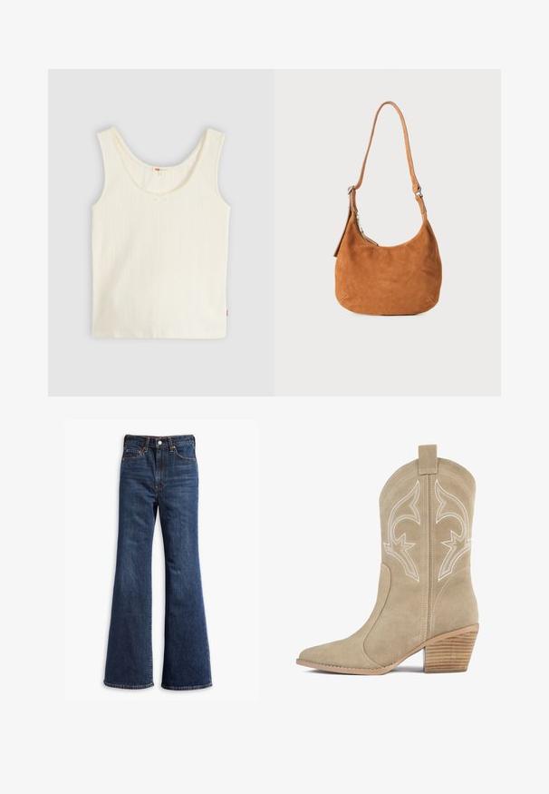 Débardeur côtelé de couleur crème avec un col rond et un petit nœud décoratif au centre devant, présenté sur un fond clair.; Jeans en denim bleu foncé taille haute avec jambes évasées, fermeture à boutons et zip à l'avant, et conception à cinq poches.; Botte de cowboy en daim beige avec bout pointu, couture décorative blanche, tige haute et talon en bois empilé.; Sac à main en daim beige avec un design incurvé, une bandoulière ajustable, une fermeture éclair en métal et un détail de logo embossé à l'avant.