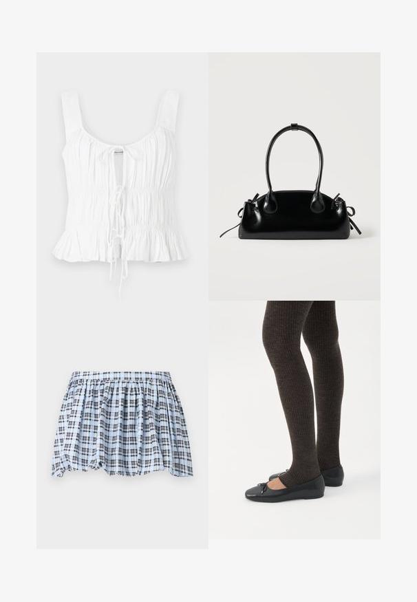 Haut sans manches blanc avec texture froncée, lien avant ajustable et ourlet évasé ; fabriqué en tissu léger.; Jupe à carreaux bleue et blanche avec taille élastique et design froncé, ornée de lignes navy créant un motif texturé.; Jambes portant des leggings côtelés foncés associés à des ballerines noires avec de petits détails en nœud sur fond blanc.; Petit sac à main noir brillant avec deux longues anses et des détails à cordon sur les côtés sur un fond clair uni.