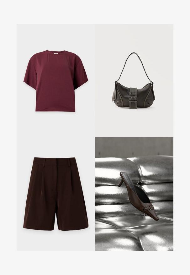 Solid mørkerødt kortærmet T-shirt med rund hals og løs pasform i bomuld på en ensartet lys baggrund.; Brune plisserede shorts lavet af letvægtsstof. Har en klassisk talje og sidelommer, med en lige pasform og kantede kanter.; Brun spids tå hæl mule med spænde detalje svævende over en skinnende sølv tuftet læderoverflade.; Sort læder skuldertaske med spænde på remmen, afrundede kanter og kontrasterende hvide syninger på en ensfarvet baggrund.