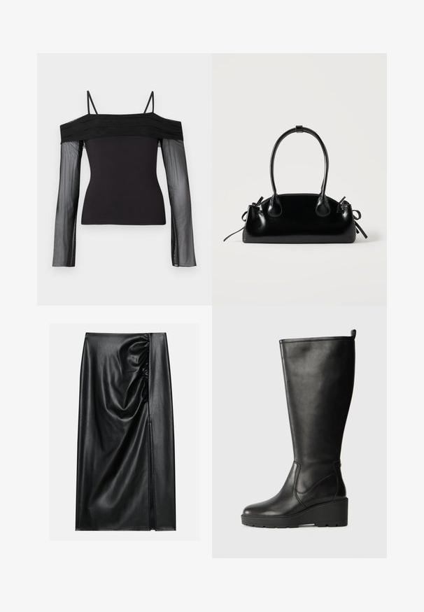 Top negro con hombros al descubierto, con tirantes finos y mangas largas transparentes de tela de tul translúcido.; Falda de cuero negro con una textura suave, con una sección fruncida en un lado y una abertura lateral para añadir detalle.; Botín negro de cuero hasta la rodilla con suela de cuña, textura suave, diseño sin costuras y una pequeña pestaña en la parte superior para facilitar su uso.; Pequeño bolso negro brillante con dos asas largas y detalles de cordón lateral sobre un fondo claro liso.