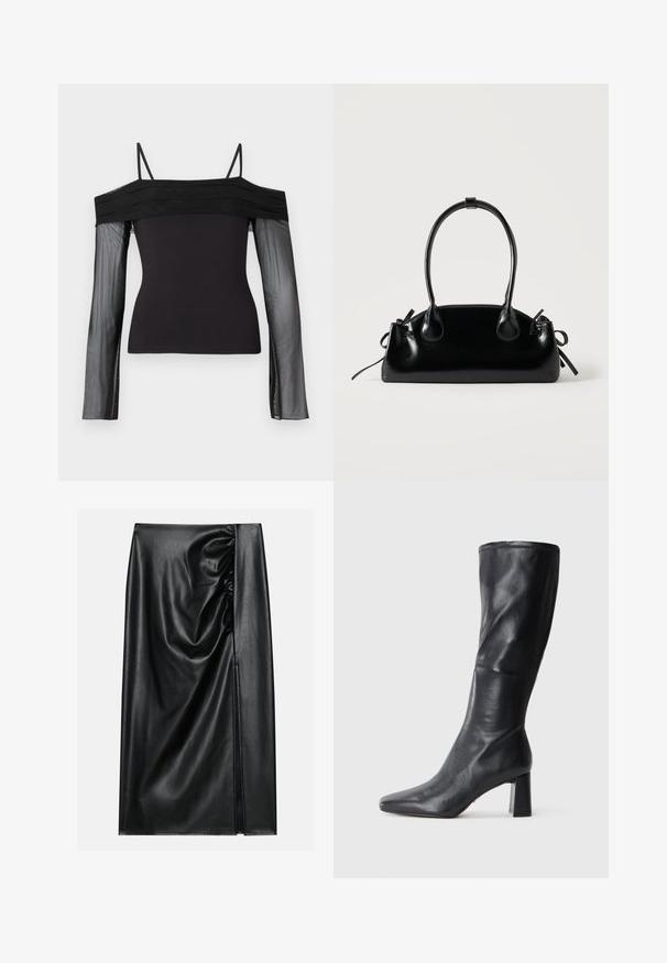 Zwarte off-shoulder top met dunne bandjes en doorzichtige lange mouwen van transparante mesh stof.; Zwarte leren rok met een soepele textuur, voorzien van een geplooid gedeelte aan één kant en een zijspleet voor extra detail.; Zwarte leren kniehoge laars met een spitse neus en een chunky hak. Gladde textuur met een gestroomlijnd ontwerp en subtiele stikdetails.; Kleine zwarte glanzende handtas met twee lange hengsels en zijkant trekkoord details op een effen lichte achtergrond.