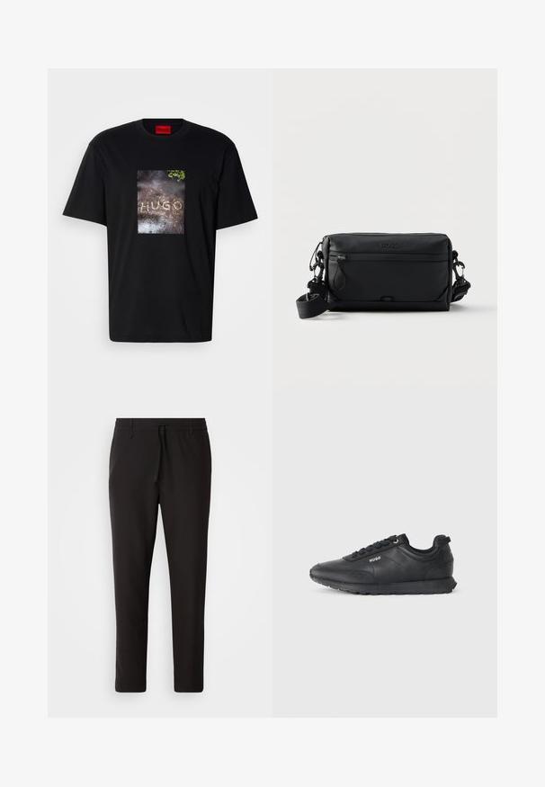 Camiseta negra de algodón con un estampado gráfico rectangular que muestra la palabra "HUGO" sobre una superficie texturizada. Mangas cortas, cuello redondo.; Pantalones de chándal negros de tejido suave. Cuentan con una cintura elástica con cordón, piernas ajustadas y sin bolsillos visibles. Diseño sencillo.; Zapatilla negra de corte bajo con cordones en la parte delantera, detalles Texturizados y logo "HUGO" en el lateral, mostrada de perfil sobre un fondo blanco.; Bolso bandolera rectangular negro con bolsillo frontal con cremallera, correa ajustable y logotipo "BOSS" grabado en relieve en la parte superior central.
