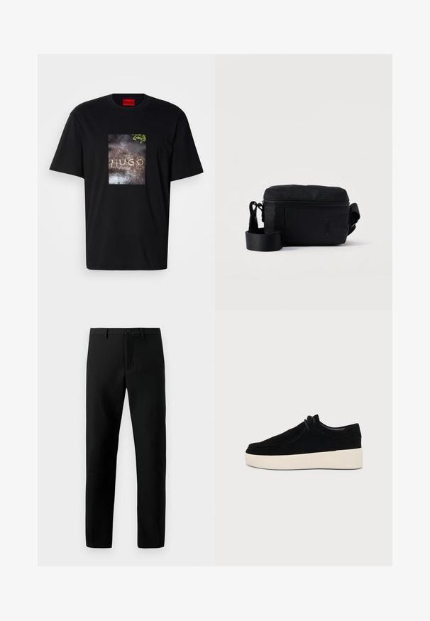 Schwarzes Baumwoll-T-Shirt mit einem rechteckigen Grafikdruck, der das Wort "HUGO" auf einer strukturierten Oberfläche zeigt. Kurze Ärmel, Rundhalsausschnitt.; Schwarze Hosen aus glattem Stoff, mit Knopfverschluss, geradem Bein design und ohne sichtbare Muster, mit klaren Linien.; Schwarzer Veloursleder-Freizeitschuh mit dicker weißer Gummisohle, Seitenansicht auf einfarbigem hellgrauem Hintergrund.; Kompakte schwarze Umhängetasche mit Reißverschluss, verstellbarem Tragegurt und dem eingeprägten "HUGO"-Logo auf der Vorderseite vor einfarbigem Hintergrund.