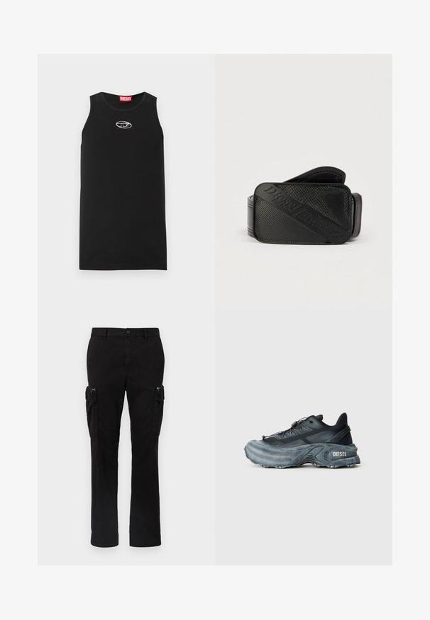 Schwarzes ärmelloses Tanktop aus Baumwolle. Verfügt über einen runden Halsausschnitt und ein kleines weißes Diesel-Logo auf der Brust. Glatte Textur.; Schwarze Cargo-Hose aus Baumwolle mit zwei seitlichen Taschen, geradem Bein und sichtbaren Nähten an den Säumen.; Schwarz- und graue Diesel-Sneaker mit dicker Sohle, Schnürverschluss und strukturiertem Design auf einem schlichten hellgrauen Hintergrund.; Schwarzer Gürtel mit strukturiertem Design und einem markanten, eingeprägten Logo. Das Material wirkt glatt mit einem lederähnlichen Finish.