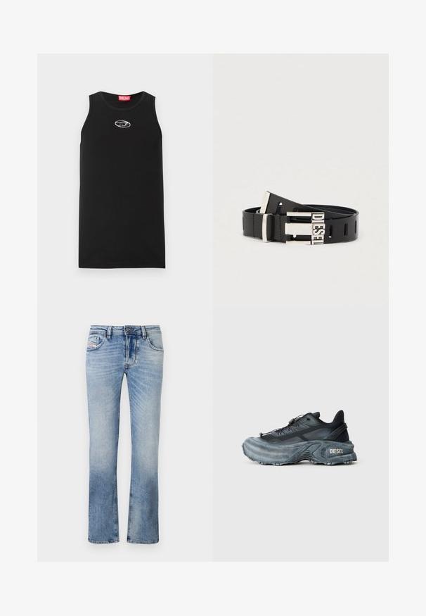 Schwarzes ärmelloses Tanktop aus Baumwolle. Verfügt über einen runden Halsausschnitt und ein kleines weißes Diesel-Logo auf der Brust. Glatte Textur.; Hellblaue Jeans aus Denim mit geradem Schnitt, ausgestattet mit Fronttaschen, einem Reißverschluss und subtilen Verfärbungen im gesamten Stoff.; Schwarz- und graue Diesel-Sneaker mit dicker Sohle, Schnürverschluss und strukturiertem Design auf einem schlichten hellgrauen Hintergrund.; Schwarzer Ledergürtel mit silberner Metallschließe, auf der das Wort "DIESEL" zu sehen ist. Der Gürtel verfügt über mehrere Einstelllöcher entlang seiner Länge.