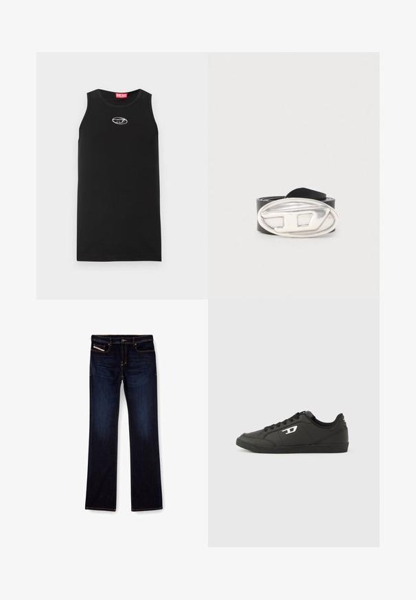 Camiseta sin mangas negra hecha de algodón. Presenta un escote redondo y un pequeño logo blanco de Diesel en el pecho. Textura suave.; Jeans de mezclilla de color azul oscuro con corte recto, con costuras naranjas, cremallera en la bragueta y bolsillos delanteros. Textura suave y cinturilla estándar.; Zapatillas deportivas negras sintéticas con suela negra texturizada, puntera redonda y cordones planos negros. Destaca un logo blanco en el lateral exterior.; Cinturón de cuero negro enrollado con una gran hebilla ovalada de plata que presenta un diseño elevado estilizado en forma de "D".