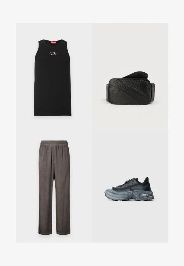 Débardeur noir sans manches en coton. Présente un col rond et un petit logo Diesel blanc sur la poitrine. Texture lisse.; Pantalon ample en daim gris foncé avec une ceinture élastique et des poches latérales, présenté à plat sur un fond blanc.; Baskets Diesel noires et grises avec semelle épaisse, système de laçage à bascule et design texturé sur fond gris clair uni.; Ceinture noire présentant un design texturé avec un logo en relief bien visible. Le matériau semble lisse avec une finition en cuir.