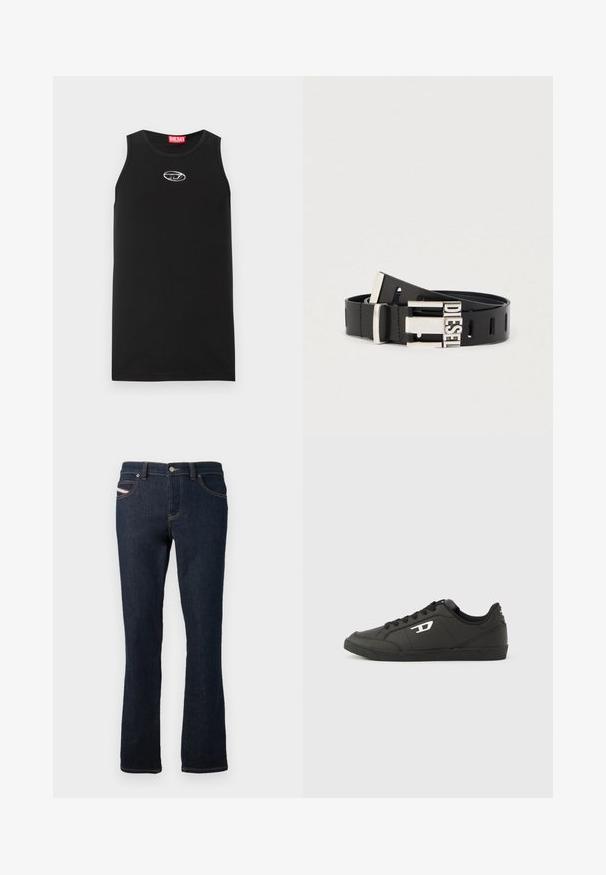 Débardeur noir sans manches en coton. Présente un col rond et un petit logo Diesel blanc sur la poitrine. Texture lisse.; Jean en denim bleu marine à coupe droite, avec des coutures orange, une fermeture à bouton en métal et un petit logo sur la poche arrière.; Baskets synthétiques noires avec une semelle noire texturée, un bout rond et des lacets plats noirs. Logo blanc remarquablement placé sur le côté extérieur.; Ceinture en cuir noir avec boucle métallique argentée portant le mot "DIESEL." La ceinture comporte plusieurs trous d'ajustement tout au long de sa longueur.