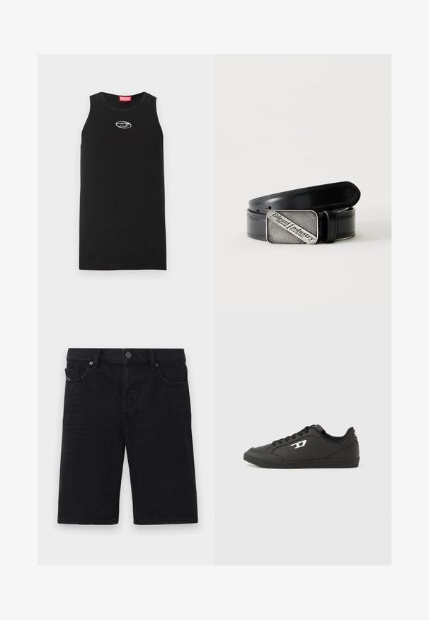 Sort ærmeløs tanktop lavet af bomuld. Har en rund halsudskæring og en lille hvid Diesel-logo på brystet. Glat tekstur.; Sorte denim shorts med lige snit, fem lommer, metal detaljer og synlige søm. Blød tekstur og enkelt design.; Sorte syntetiske sneakers med en struktureret sort sål, rund tå og flade sorte snørebånd. Fremtrædende hvidt logo på ydersiden.; Sort læderbælte med rektangulært sølvspænde med indgraveret teksten "Diesel Industry Denim Division" på en lysstribet baggrund.