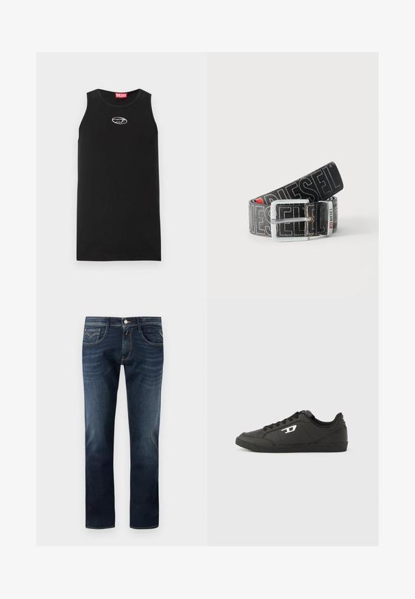 Zwarte mouwloze tanktop van katoen. Heeft een ronde halslijn en een klein wit Diesel-logo op de borst. Gladde textuur.; Donkerblauwe denim jeans met een klassieke rechte pijp, voorzien van vijf zakken, een knoopsluiting aan de voorkant en subtiele stikdetails.; Zwarte sneakers van synthetisch materiaal met een geribbelde zwarte zool, ronde neus en vlakke zwarte veters. Opvallend wit logomerk aan de buitenzijde.; Zwarte Diesel-riem met grote witte logotekst, rechthoekige zilveren gesp en merkmetal lusdetail, opgerold op een lichte achtergrond.