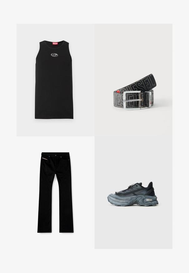 Sort ærmeløs tanktop lavet af bomuld. Har en rund halsudskæring og en lille hvid Diesel-logo på brystet. Glat tekstur.; Sorte straight-leg jeans med frontknap og lynlås, for- og baglommer samt en hvid etiket synlig i den højre forlomme.; Sort og grå Diesel sneakers med tyk sål, snørrebåndslukning og tekstureret design på en ensfarvet lysegrå baggrund.; Sort Diesel-bælte med stor hvid logo tekst, rektangulært sølvspænde og brandet metal-loop detalje, rullet sammen på en lys baggrund.