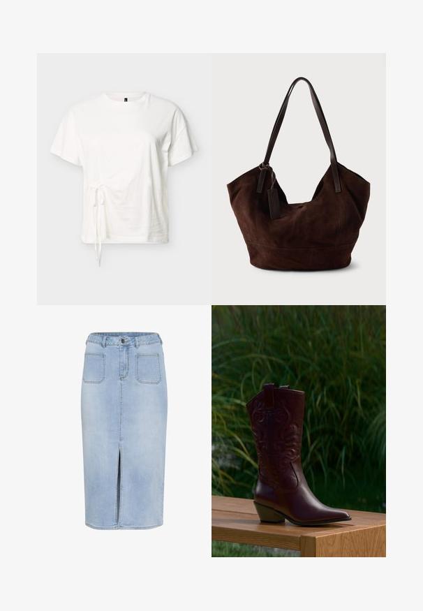 T-shirt blanc en coton à manches courtes avec col rond et détail de lien ajustable sur le côté, sur un fond uni.; Jupe midi en denim bleu clair avec une fente avant, cinq poches, une taille cintrée avec passants de ceinture et une fermeture à bouton.; Botte de cowboy en cuir brun foncé avec des motifs brodés, un talon bas incliné et des languettes, posée sur un banc en bois avec un fond de plantes vertes.; Handbag en cuir suédé marron avec une forme douce et souple. Doté de poignées en cuir et d'une étiquette décorative. Texture plain avec des coutures courbes.