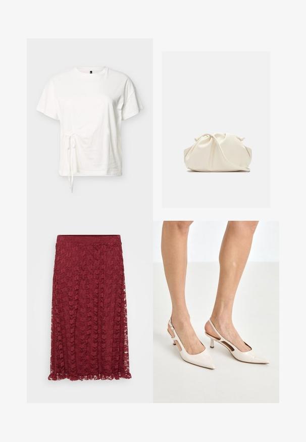 Wit katoenen T-shirt met korte mouwen, ronde hals en verstelbare zijstrikdetail op een effen achtergrond.; Bordeaux kanten rok met bloemmotief, semi-doorzichtig stof en een gerimpelde zoom. Een stretch tailleband biedt comfort en flexibiliteit.; Beige gepatineerde leren slingback hakken met een spitze neus en een hak van 5 cm, met uitsparingen aan de zijkanten en een dunne enkelband.; Zachte, crèmekleurige leren clutch met geplooid, gerimpeld ontwerp en een dunne schouderriem die vooraan op een effen achtergrond ligt.