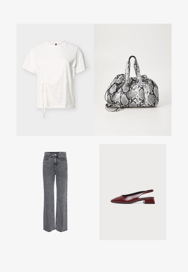 Hvid kortærmet bomuldst-shirt med rund halsudskæring og justerbar bindedetalje i siden på en ensfarvet baggrund.; Grå denimjeans i høj talje og med lige ben, med frontknap, lynlåslukning og klassisk design med fem lommer.; Bordeauxrød læder slingback-sko med spids tå og lav blokhæl, vist fra siden på hvid baggrund.; Håndtaske med sort og hvid slidmønster, to håndtag, snøre lukning og aftagelig skulderrem. Glat tekstur.