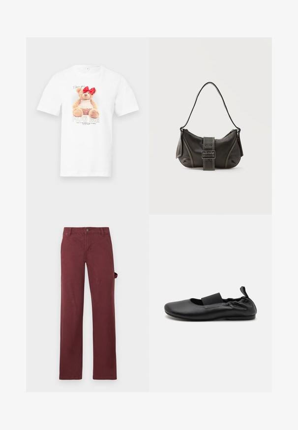 Weißes T-Shirt mit einem Teddybär mit roter Schleife und Perlenkette, auf der Vorderseite mit den Schriftzügen "Ich liebe dich" und "Umarme mich".; Burgunderfarbene, gerade geschnittene Hose aus Baumwolle mit einem knöpfbaren Bund und seitlichen Taschen. Glatte Textur, klassisches Design und ohne Muster.; Schwarze Ballerina aus glattem synthetischem Material mit elastischem Band, runder Zehenpartie und kleinem Absatz sowie gerafftem Rückendetail.; Schwarze Leder-Schultertasche mit Schnallengurt-Detail, abgerundeten Kanten und kontrastierenden weißen Nähten auf schlichtem Hintergrund.