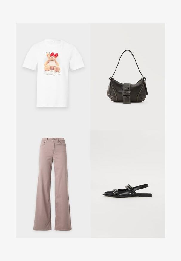 T-shirt blanc avec un ours en peluche portant un nœud rouge et un collier de perles, avec le texte "Je t'aime" et "Fais-moi un câlin" à l'avant.; Pantalon taille haute à jambes larges de couleur mauve clair avec poches avant, passants de ceinture et fermeture par bouton sur un fond uni.; Even&Odd Ballerines à brides arrière - black; Sac à épaule en cuir noir avec une sangle à boucle, des bords arrondis et des coutures blanches contrastées sur un fond uni.