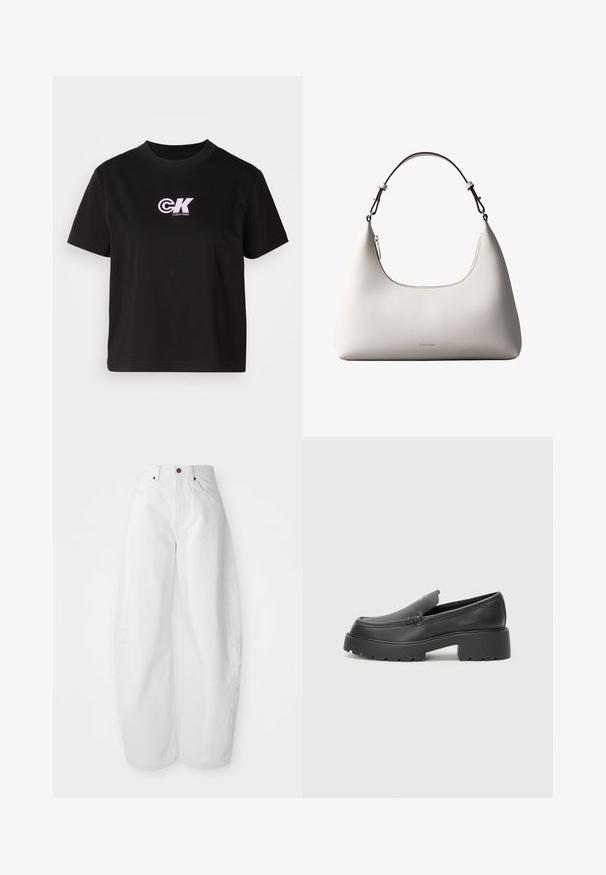 Sort bomulds t-shirt med rund halsudskæring og korte ærmer. Har et hvidt og lyserødt "CK" logo på den øverste venstre brystregion.; Højtaljede hvide denimbukser med løs pasform. Har en knaplukning, sidelommer og et minimalistisk design. Glat tekstur.; Sorte læder loafers med rund tå, tyk tekstureret sål og minimale syninger. Elegant design uden synlige snørebånd eller hardware.; Cremefarvet skuldertaske i læder fra Calvin Klein med buet topkant, sølvfarvet lynlås og mørkebrun justerbar rem.
