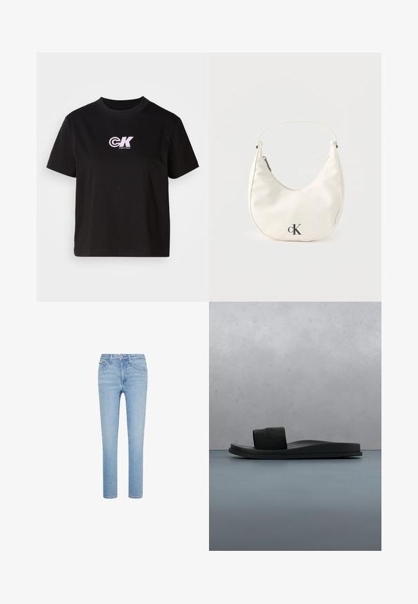 Sort bomulds t-shirt med rund halsudskæring og korte ærmer. Har et hvidt og lyserødt "CK" logo på den øverste venstre brystregion.; Lyseblå denimjeans, lige snit, fem-lommer stil, med forreste knap- og lynlås lukning, med subtile falmninger og syningsdetaljer.; Sort Calvin Klein slip-in sandal med bred rem, vist over trætekstureret gulv og småsten, sløret udendørs baggrund.; Lille hvid halvmåneformet håndtaske med kort rem, lynlås og sort "cK"-logo foran.