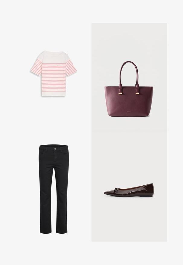 Weißes kurzärmeliges Hemd mit horizontalen rosa Streifen und kleinem Text "good times" auf der oberen linken Brust.; Schwarze Jeanshose mit geradem Bein, ausgestattet mit zwei Fronttaschen und einem einzelnen Metallknopf am Bund. Glatte Textur.; Brauner glänzender flacher Schuh mit spitzer Zehenpartie, kleinem Schleifendetail vorne und niedrigem Absatz vor einfachem Hintergrund.; Dunkellila Leder-Shopper mit zwei Griffen und kleinem goldfarbenem Markenlogo auf der Vorderseite, vor einfarbig hellem Hintergrund.