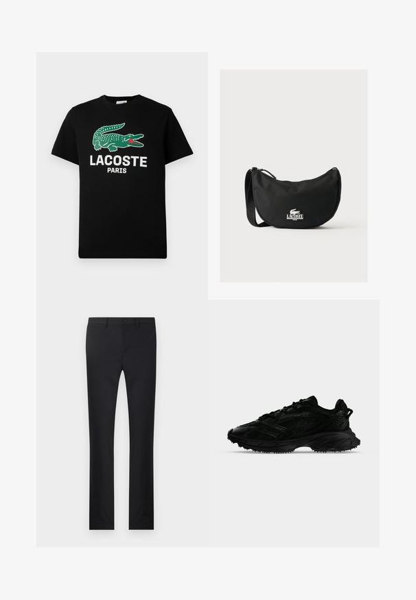Čierne bavlnené tričko s logom zeleného krokodíla a bielym textom "LACOSTE PARIS". Krátke rukávy a klasický okrúhly výstrih.; Čierne nohavice so rovnými nohavicami, vyrobené z hladkého materiálu. Obsahujú predné vrecká, zapínanie na gombík a pútka na opasok.; Čierna športová topánka s textúrovanou sieťovinou a syntetickými prekrytiami, hrubou podrážkou s dezénom a ťahacou slučkou na päte, zobrazená zboku na bielom pozadí.; Čierna Lacoste taška cez rameno so zakriveným tvarom, nastaviteľným remienkom a bielym vyrazeným logom krokodíla nad značkou vpredu.