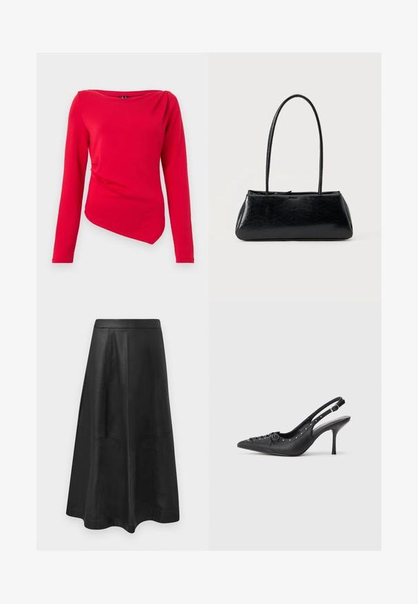 Rood top met lange mouwen, boothals, asymmetrische zoom en gedrapeerd schouderdetail, gemaakt van zacht stretchstof.; Zwarte leren midi-rok met een uitlopende silhoutte, afgewerkt met stiksel details en een gladde textuur. Geen zichtbare hardware of accenten.; Zwarte leren slingback stiletto met spitse neus, zijgesp met gesp, studs langs de rand en decoratieve veters aan de voorkant.; Zwarte rechthoekige schoudertas met lange dunne banden en een gladde, glanzende textuur op een effen achtergrond.