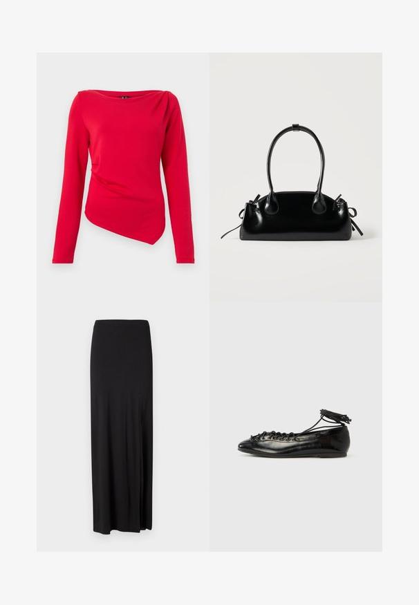 Haut rouge à manches longues avec encolure bateau, ourlet asymétrique et détail drapé à l'épaule, fabriqué en tissu extensible doux.; Jupe maxi noire en matériau doux et élastique. Elle présente une fente latérale et un design simple et épuré sans embellissements.; Ballerines en cuir verni noir avec un bout rond, un design à lacets et une semelle plate. Texture lisse avec peu de détails.; Petit sac à main noir brillant avec deux longues anses et des détails à cordon sur les côtés sur un fond clair uni.