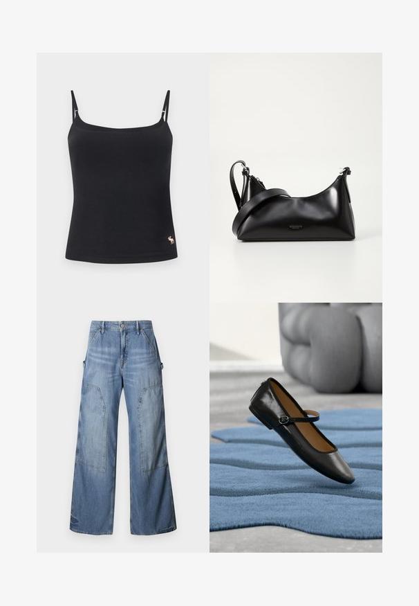 Sort ærmeløs camisole med tynde justerbare stropper og et lille broderet elg-logo nær den nederste kant på en ensfarvet baggrund.; Good American GOOD EASE RELAXED - Jeans Relaxed Fit - indigo; Sort læder Mary Jane-sko med spænde, vist på et struktureret blåt tæppe, med en sløret grå tuftet sofa i baggrunden.; Sort læderhåndtaske med en glat tekstur. Har en justerbar stropp og et enkelt, minimalistisk design med lynlås.