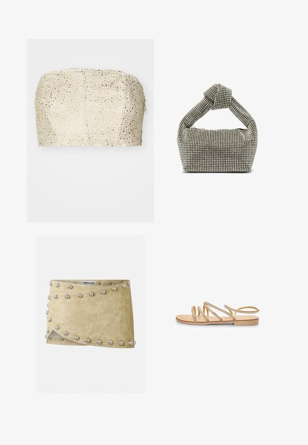 Patrizia Pepe CAMICIA - Top - ivory/shiny gold; Beiger Minirock mit asymmetrischem Wickeldesign, dekoriert mit gleichmäßig verteilten großen silbernen Nieten entlang der Kanten und vorne.; Goldene flache Sandalen mit mehreren überkreuzten Riemen, die mit kleinen klaren Strasssteinen verziert sind. Die Sandalen haben eine flache Sohle und ein offenes Fersen-Design.; Silberne Handtasche mit einem geknoteten Griff, rechteckiger Form, bedeckt mit kleinen, runden Strasssteinen, glatte Textur.
