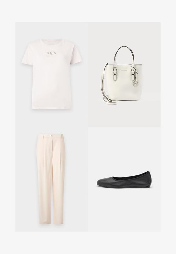 T-shirt en coton rose clair à manches courtes, col rond, ornée d'un logo métallisé argent "ACX ARMANI EXCHANGE" sur le devant.; Un pantalon beige clair au design ajusté, comportant un fermoir à l'avant, un tissu lisse, une coupe droite et sans motifs ni accents visibles.; Ballerines en cuir noir avec un bout rond, texture lisse, détails de couture minimalistes et design de semelle flexible.; Sac à main en cuir blanc Michael Kors avec double poignée, bandoulière réglable et pendentif logo MK circulaire en métal.