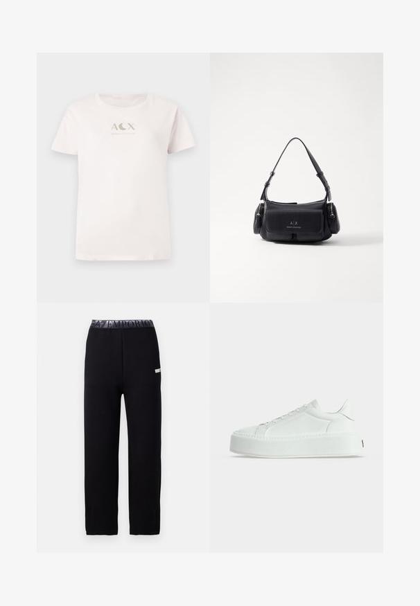 Camiseta de algodón rosa claro con mangas cortas y cuello redondo, que presenta un logo metálico plateado "ACX ARMANI EXCHANGE" en la parte frontal.; Pantalones de chándal negros con una textura suave y elegante, que presentan una cinturilla elástica con un logotipo y un detalle lateral. Diseño de pierna recta.; Zapatilla blanca de tipo bajo con cuero texturizado, suela gruesa con plataforma y cierre de cordones, mostrada de perfil sobre un fondo liso.; Bolso de mano de cuero negro con una sola correa para el hombro, cuenta con un bolsillo con solapa en la parte frontal y compartimentos con cremallera a los lados. Textura suave con detalle del logotipo.