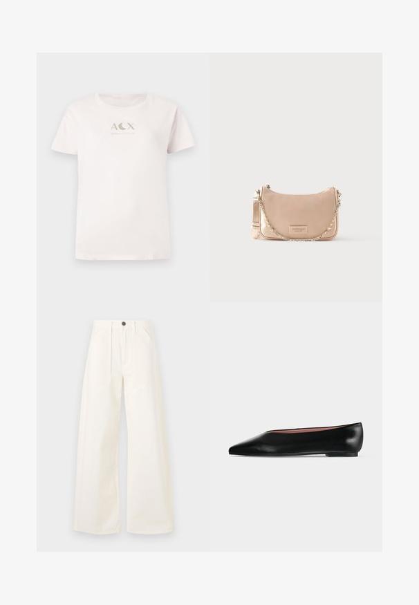 Lichtroze katoenen t-shirt met korte mouwen, ronde hals, met een metallic zilveren "ACX ARMANI EXCHANGE" logo op de voorkant.; Wijde broek in off-white katoen, met een hoge taille, twee voorzakken en een enkele knoopsluiting aan de voorkant.; Zwarte leren damesschoen met platte zool, puntige neus en lage hak, zijwaarts afgebeeld tegen een effen lichtgrijze achtergrond.; Lichtroze handtas met een gebogen silhouet, gemaakt van glad leer, en een kettingriem. Voorzien van een logo patch aan de voorkant.