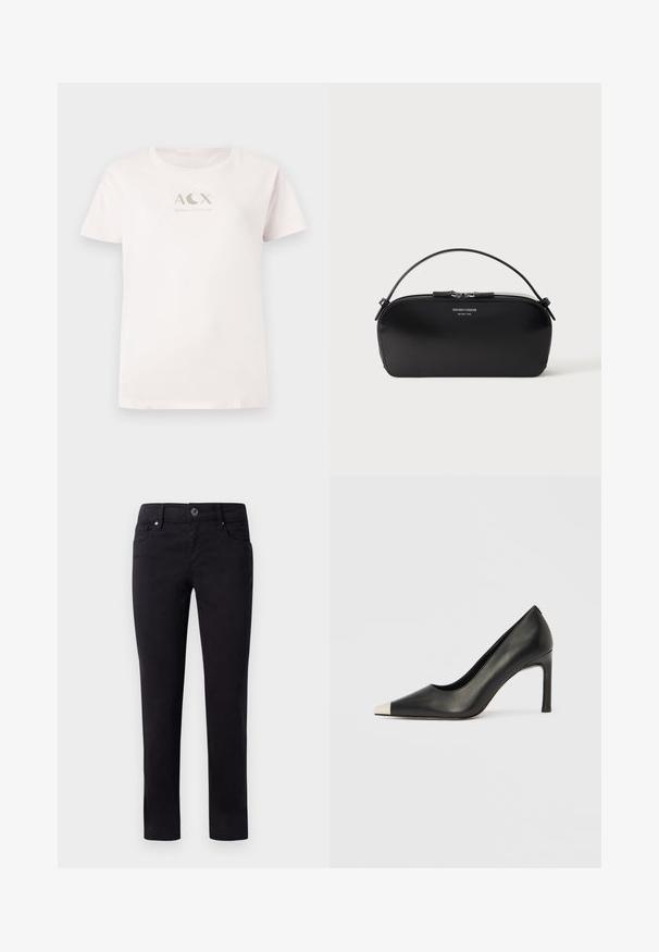 Helles rosa Baumwoll-T-Shirt mit kurzen Ärmeln und Rundhalsausschnitt, das auf der Vorderseite ein metallisch silbernes "ACX ARMANI EXCHANGE"-Logo zeigt.; Schwarze Baumwollhosen mit geradem Bein, ausgestattet mit Fronttaschen und einem Knopfverschluss an der Taille. Glatte Textur und ohne Muster.; Schwarzer Lederschuh mit hohem Absatz, spitz zulaufender Zehenpartie und metallischer silberner Spitze. Verfügt über eine glatte Oberfläche und einen schlanken 10 cm hohen Absatz.; Schwarze Leder-Armbandtasche mit silbernem Reißverschluss und kurzem Griff, geprägtes Emporio Armani Milano 1981-Logo auf der Vorderseite.