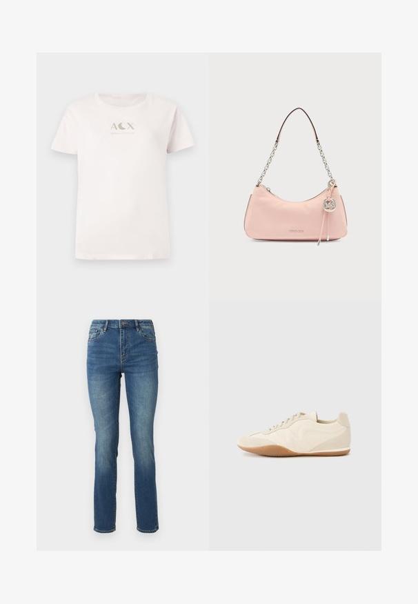 Lyserød bomulds t-shirt med korte ærmer og rund hals, som har et metallic sølvfarvet "ACX ARMANI EXCHANGE" logo på forsiden.; Mellem-høje, blå denim jeans med lige ben, der har en glat tekstur, subtil falming og klassisk fem-lomme design med knaplukning.; Lyse beige sneakers med en tekstureret læderoverdel, teksturerede sider og en gummisål. Har et slankt, strømlinet design og flade snørebånd.; Lyserød læder skuldertaske med sølvkæde-strop og Michael Kors-logo ved lynlåstrækkeren foran.