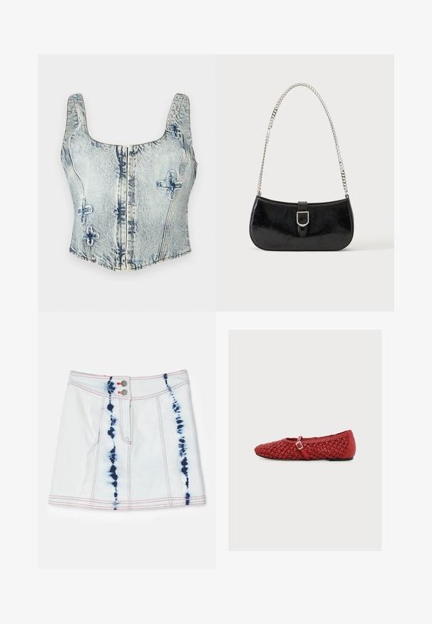 Heledad teksasist crop top helesin sinise värviga, ruudukujulise kaelusega, paksude rihmadega, esiosa luku sulgemisega ning dekoratiivse ristõmblusega.; Hele sinine teksaseelik tumehallide sidumismustritega. Omab punaseid õmblusi ja kahte esist nuppu. Lühike pikkus ja kitsas lõige.; Punane kootud lamedapõhjaline king väikese pandlaga rihma ja sileda kandiga, esitatud lihtsal heledal taustal.; Mustast lakknahast õlakott, millel on hõbedane pandla detail ja hõbedane kettrihm, kuvatud ühevärvse hele tausta ees.