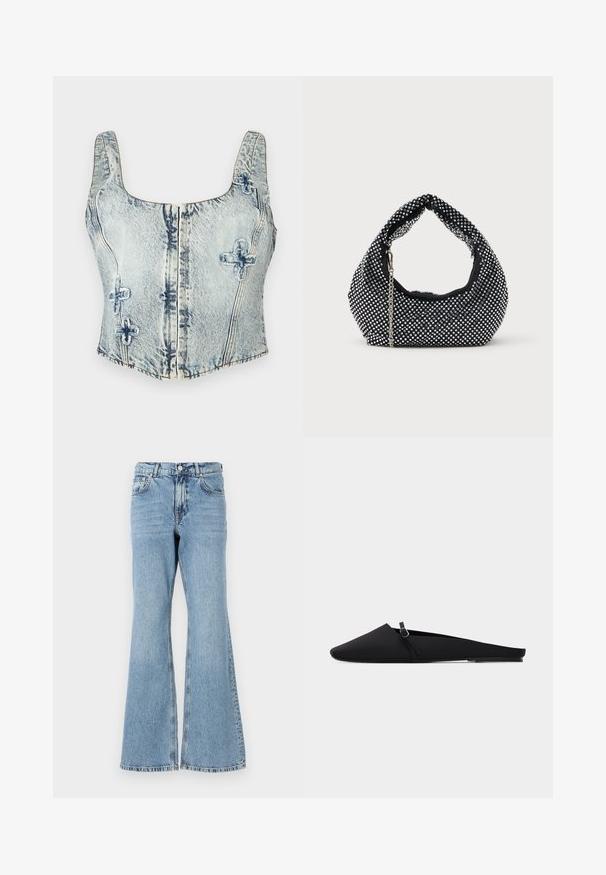 Svetlo modrý denimový crop top so štvorcovým výstrihom, hrubými popruhmi, predným zipsom a dekoratívnym prešívaním v krížovom vzore.; Svetlo modré rifle s rozšírenými nohavicami a vysokým pásom, so zapínaním na gombík, piatimi vreckami a bledým umývaním s jemným efektem opotrebenia.; Čierna plochá obuv s tŕpľovitým špičkou, tenkým remienkom a striebornou prackou, hladkým materiálom a nízkym opätkom na bielom pozadí.; Čierna sieťovaná kabelka zdobená striebornými nitmi, s obľúbenou rukoväťou a reťazovou popruhom. Mäkká textura s zaobleným tvarom.