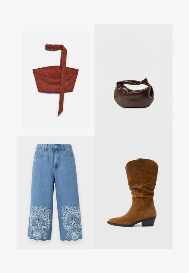 Crop top van roestkleurige stof met één schouderband, versierd met subtiele kralen in spiraal- en sterrenpatronen.; Lichtblauwe denim shorts met bloemenuitsnede borduurwerk en golvende zoom, voorzien van voorzakken en een knoopsluiting.; Bruine suède cowboylaars met een slouchy ontwerp, spitse teen en een gestapelde hak. Voorzien van stiksels en een aantrekband aan de achterkant.; Donkerbruine leren schoudertas met een zachte, slungelige vorm en een gedraaide knoopvormige handgreep op een effen witte achtergrond.